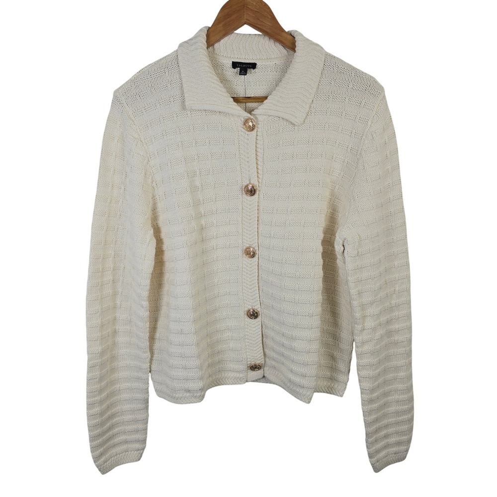 Talbots Cardigan Sweater Womens XL Ivory Cotton Waffle Knit Gold Crest Button